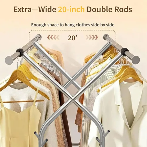 Miniatura 4 de HAPPY CHEERS Perchero de ropa resistente, perchero de doble barra para colgar ropa, estantes de ropa rodantes con ruedas, perchero de metal