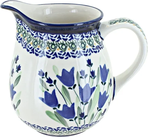 Cerámica polaca Blue Rose - Jarra pequeña de tulipán azul, capacidad de 3.5 tazas, jarra de cerámica, perfecta para servir jarabe o crema