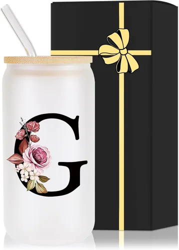 Miniatura 26 de Vaso de vidrio con monograma con tapa de bambú, popote personalizado, vaso de café helado de 16 onzas, tarro transparente de masón, cerveza, agua
