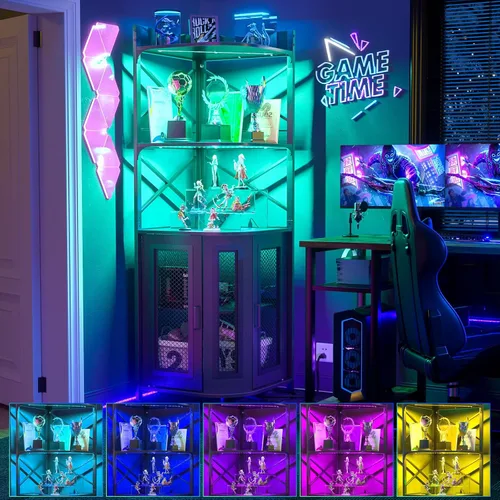 Miniatura 6 de Aheaplus Gabinete Bar de Esquina con Toma de Corriente, Gabinete de Vino Industrial con Tira LED y Portavasos, Gabinetes de Licores de 5 Niveles