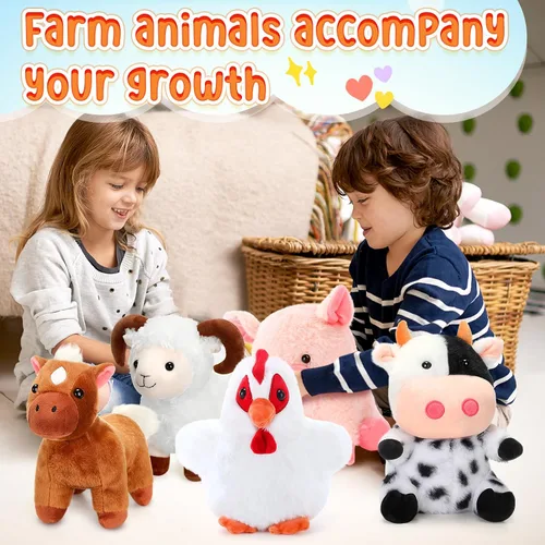 Miniatura 7 de Skylety Juego de 5 animales de peluche de granja de 10 pulgadas, animales de peluche de granja suave, cerdo gallo, caballo, oveja, vaca, juguete