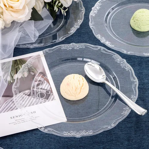Miniatura 4 de U-QE 60 piezas de platos de plástico transparente – Platos desechables transparentes de 10 pulgadas – Lavables y reutilizables – Platos de cena