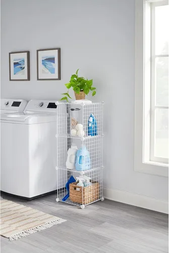 Miniatura 5 de Rubbermaid Juego de 3 cubos apilables de alambre de almacenamiento, fácil de montar, color blanco para armario/estantería/juguetes, organizador