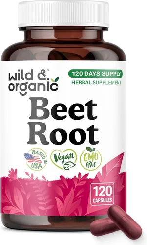 Wild & Organic Cápsulas de raíz de remolacha de 8000 mg - Extracto de remolacha 20:1 - 120 cápsulas veganas - Extracto de pimienta negra para una