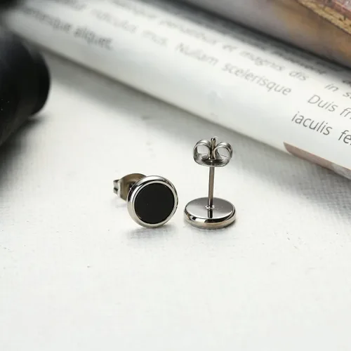 Miniatura 3 de Pure Titanium Earring For Sensitive Ear High Polish Round Synthetic MalachiteObsidianBlue Turquoise Stud Earrings