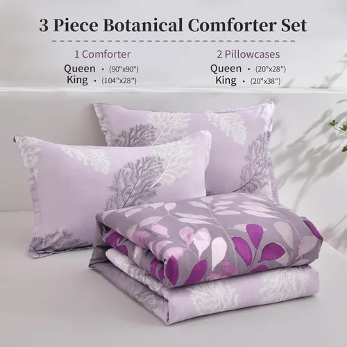 Miniatura 6 de DJY Juego de edredón de color morado, tamaño King, edredón de hojas botánicas para cama King, juego de edredón reversible floral de 3 piezas, juego