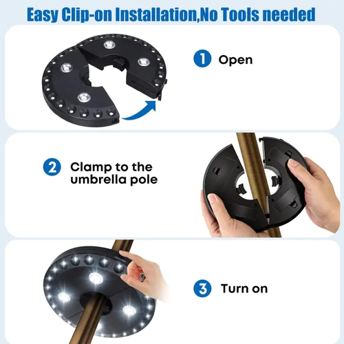 Miniatura 10 de Parasol de sombrilla para patio, luces 3 en modo brillo e inalámbrico, 28 luces LED en 220 Lux. 4 x AA baterías de función, sombrilla con pértiga