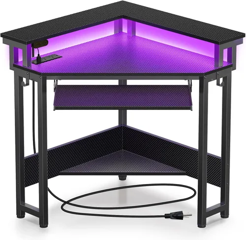 Rolanstar Escritorio esquinero, 44.5 pulgadas de ancho x 34.5 pulgadas de alto, escritorio de computadora de fibra de carbono con tomas de