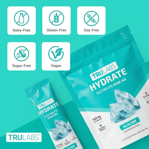 Miniatura 3 de TRULABS Hydrate - Mezcla de bebida con electrolitos – Sabor glaciar, paquetes de hidratación sin azúcar con electrolitos de 1422 mg y 19 vitaminas