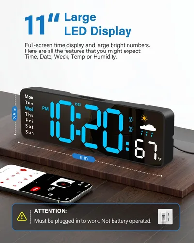 Miniatura 2 de Reloj de pared digital, reloj digital con pantalla grande con control remoto, despertador LED con cable con fecha, semana, temperatura, humedad, DST