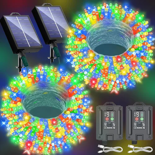 Guirnalda de luces solares de Navidad actualizadas para exteriores, impermeables, paquete de 2 unidades en total de 144 pies, 400 luces LED de