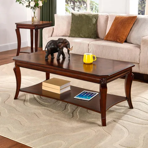 Miniatura 8 de Mesa auxiliar tradicional con estante de almacenamiento y patas talladas, mesas de sala de estar de granja, mesa central rectangular de madera