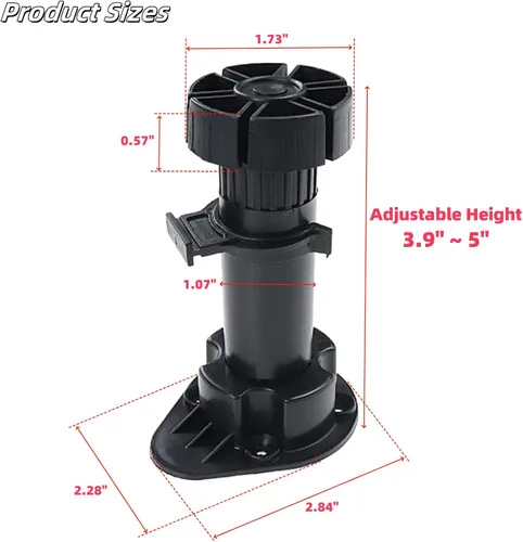 Miniatura 2 de Niveladores ajustables de 3.9 a 5 pulgadas para borde de gabinete, 12 piezas, patas niveladoras de muebles, pies de nivelación de plástico negro