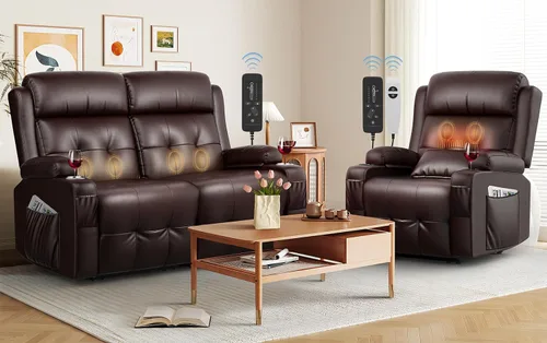 Miniatura 26 de Sofá reclinable de dos plazas, sofá reclinable de masaje de gran capacidad, silla de dos plazas para RV con espacio de almacenamiento, portavasos