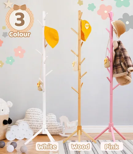 Miniatura 6 de Perchero de madera de haya para niños, soporte de altura ajustable con 9 ganchos, organizador de ropa infantil independiente para pasillo, Natural