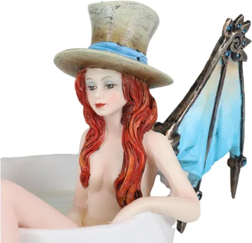 Miniatura 5 de Ebros Gift Amy Brown - Taza de té Steampunk cerrajero portador de llaves con alas de dragón mecánicas y sombrero de copa en baño de té cálido