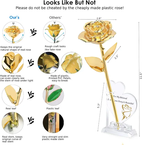 Miniatura 2 de Sinvitron Rosa bañada en oro de 24 quilates de oro real, rosas doradas únicas bañadas a mano, regalos románticos para mujeres en cumpleaños, Dorado