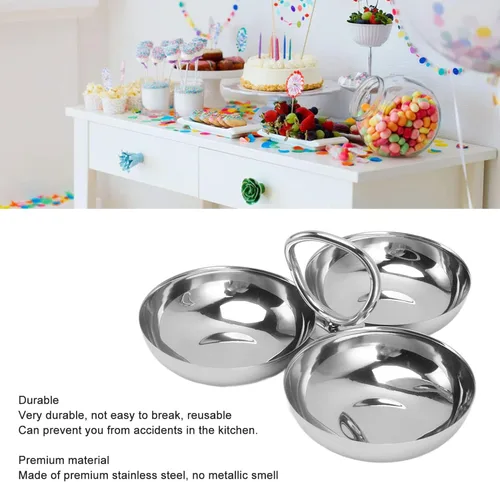 Miniatura 6 de Plato de Servir de Acero Inoxidable 304, Plato de Frutas 3 en 1 con Compartimento para Aperitivos, Platos de Postre Reutilizables, Plato de Frutas