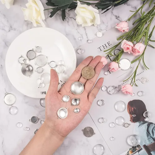 Miniatura 4 de PH PandaHall Bandejas colgantes de bisel, bandejas de ajuste de cabujón doble, bandejas colgantes en blanco con azulejos de camafeo de cabujón