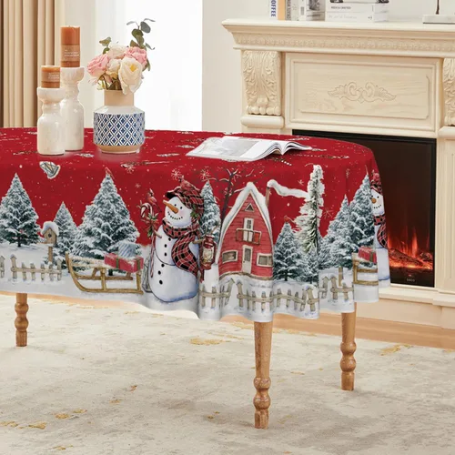 Miniatura 9 de Horaldaily Mantel de Navidad rectangular de 52 x 70 pulgadas, casa de muñeco de nieve de invierno, árboles de Navidad, color negro, lavable