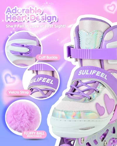 Miniatura 4 de SULIFEEL Love Hearts - Patines en línea ajustables de 4 tamaños para niñas con pompones esponjosos, ruedas iluminadas de 3 a 12 años, regalo