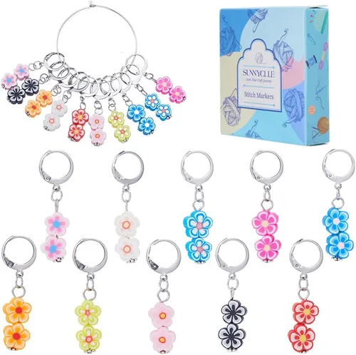 Miniatura 25 de SUNNYCLUE 1 Caja 30Pcs Marcadores de Puntada para Tejer y Ganchillo, Adornos de Flor de Margarita, Perlas de Perla, Tirador de Cremallera, Clip 30