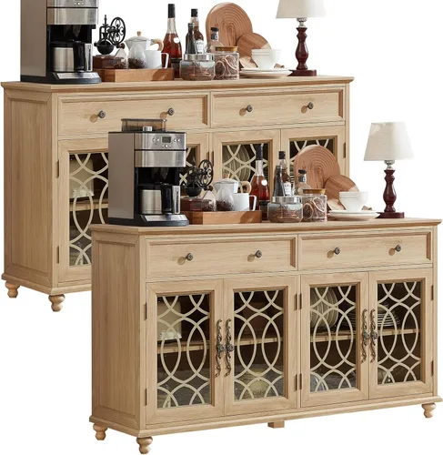 Miniatura 18 de Joaxswe Aparador de estilo rústico con almacenamiento, credenza grande de 59 pulgadas con 4 puertas de vidrio y 2 cajones, estantes ajustables, mesa