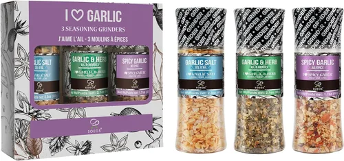 Set de Condimentos Soeos de 3 con Molinillos Integrados, Ajo Picante, Ajo y Hierbas, Sal de Ajo, Set de Regalo de Condimentos.