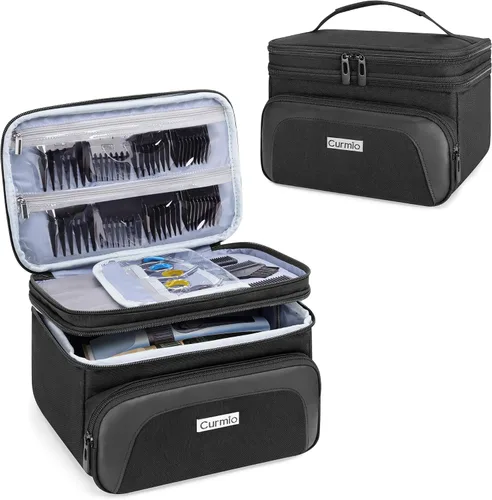CURMIO Estuche de transporte de viaje para cortapelos, suministros de peluquería de doble capa, bolsa de almacenamiento compatible con