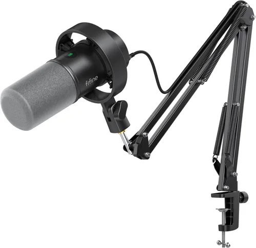 FIFINE - Kit de micrófono de podcast K688, micrófono dinámico USB/XLR con brazo articulado para PC/mezclador XLR, micrófono para juegos con botón de