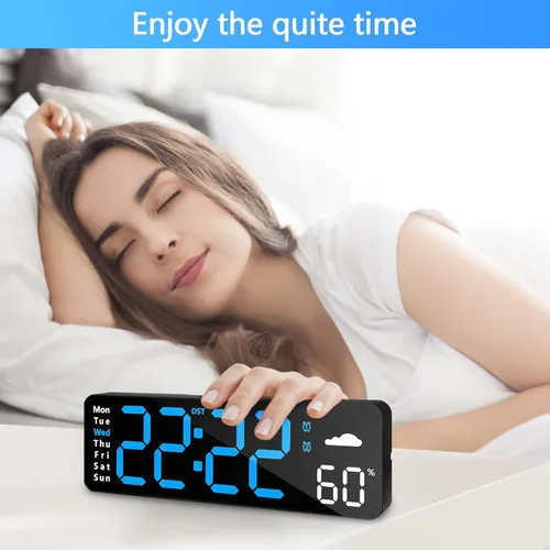 Miniatura 7 de Reloj de pared digital con control remoto para decoración de pared interior (azul) Large Display Plug in LED Digital Alarm Clocks with 12/24Hr