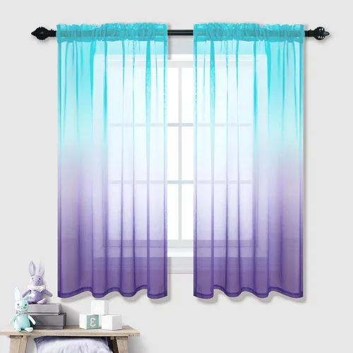 Juego de 2 paneles de cortina transparentes para habitación de niñas adolescentes, sirena, degradado, arco iris, colorido, decoración para