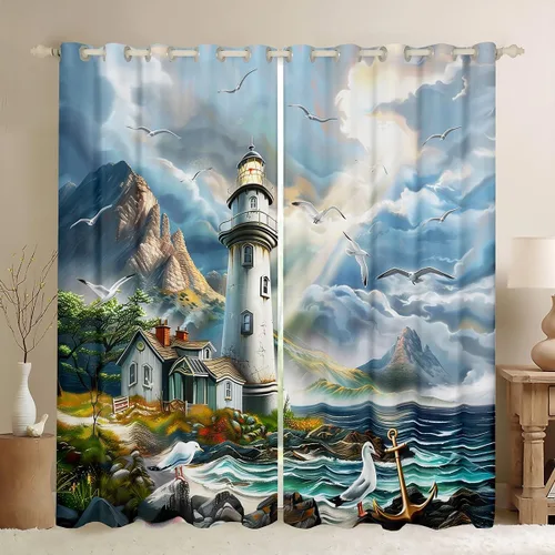 Miniatura 16 de Erosebridal Nautical Lighthouse Blackout Curtains 30-50% Navigation Theme Curtains for Women Men Watercolor Seascape Window Treatments Coastal Night