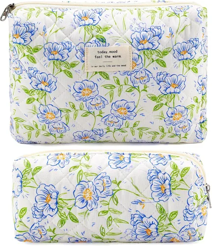 Miniatura 10 de 2 bolsas de maquillaje acolchadas de algodón para viaje, bolsa grande y pequeña para mujeres, bolsas de maquillaje de coqueta floral, bonita bolsa