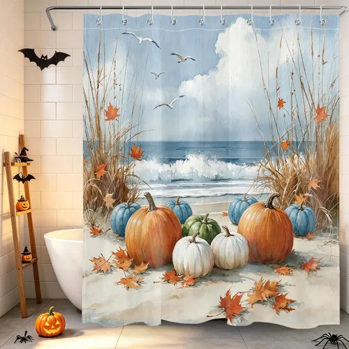 Miniatura 24 de HVEST Cortina de ducha de Halloween, linterna de calabaza y gnomo, cortina de ducha de baño, cortina de ducha de murciélago y araña, decorativa