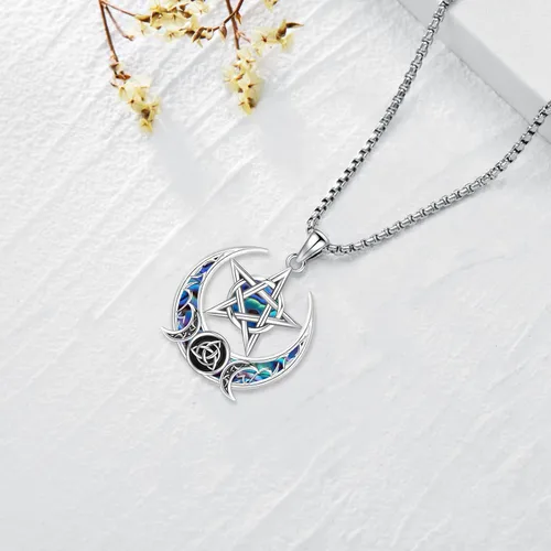 Miniatura 209 de Collar de pentagrama de plata de ley con triple luna, diosa celta, nudo celta, nudo de brujas, Ankh, sol y luna, Hécate, lilith, Santa Muerte