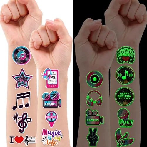 Miniatura 2 de 96 piezas de notas musicales que brillan en la oscuridad precortados tatuajes temporales para niños Luminous Musical Themed Birthday Party