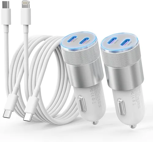 Cargador de Coche para iPhone con Carga Rápida, [Certificado Apple MFi] Cargador de Encendedor de Cigarrillos de 60W con USB-C Dual+Cable Type-C y