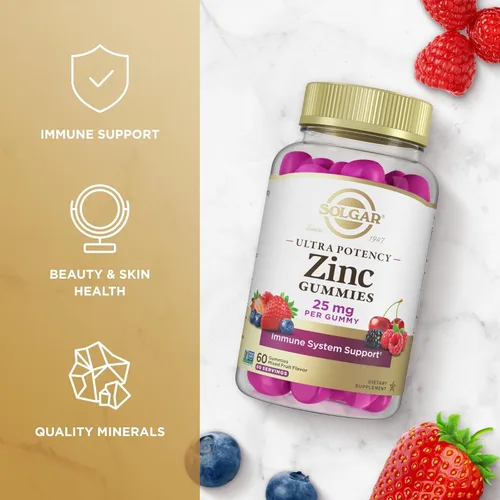 Miniatura 3 de Solgar Gomitas de zinc para adultos con 25 mg de citrato de zinc de ultra potencia para apoyo inmunológico, sabor mixto de frutas, veganas, kosher