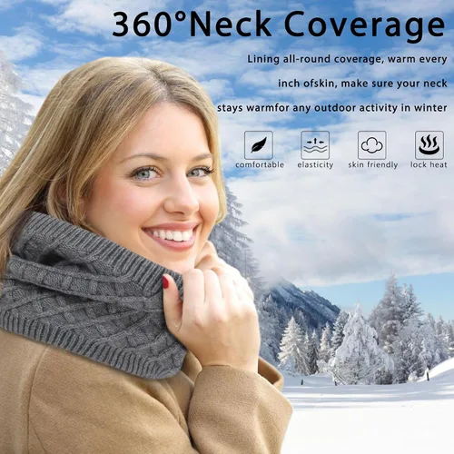 Miniatura 7 de Gorros de invierno para mujer, bufanda, guantes para pantalla táctil, juego cálido con patrón de cuadrícula, gorro holgado de punto con forro polar