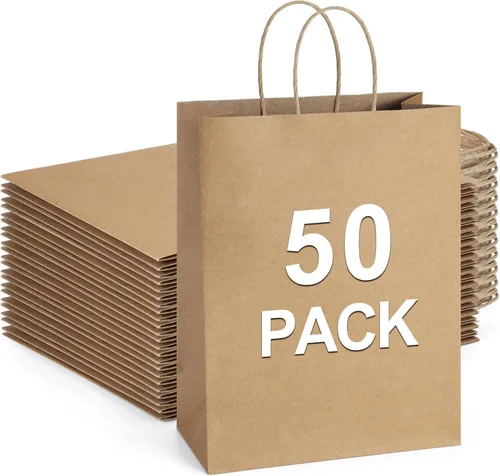 BagDream Bolsas de regalo de 10 x 5 x 13 pulgadas, 50 bolsas de regalo de papel kraft marrón con asas a granel para compras, mercancía, venta al por