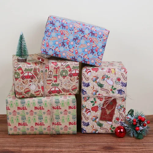 Miniatura 4 de Aimyoo Paquete de papel kraft de regalo de Navidad, papel de regalo de Navidad vintage para niños, guantes de calcetines, bastones de caramelo