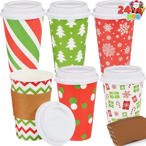 Miniatura 11 de JOYIN 24 piezas de vasos de papel desechables de Navidad, vasos de fiesta de Feliz Navidad de 16 oz con mangas y tapas, 4 diseños de vajilla