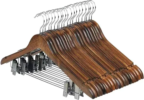 Miniatura 8 de Paquete de 10 perchas de madera con clips, perchas de madera de alta calidad para trajes, perchas para faldas con clips, colgador de madera S con 10