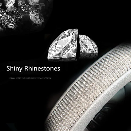 Miniatura 6 de Nueva funda de volante de cuero con diamantes de imitación y cristales brillantes, protector de rueda de auto de 15 pulgadas de ajuste universal