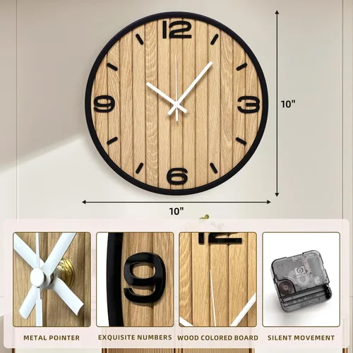 Miniatura 3 de Reloj de pared redondo de 10 pulgadas, funciona con pilas, de cuarzo, sin tictac, decorativo, analógico, para apartamento, sala de estar