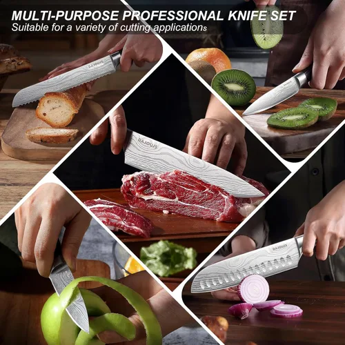 Miniatura 6 de Juego de cuchillos de cocina con bloque – Juego de 6 cuchillos de chef, 5 piezas de acero inoxidable de alto carbono – Cuchillos afilados con un