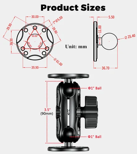 Miniatura 4 de VAZESWIN Soporte de bola de aleación de aluminio de 1 pulgada para Garmin Striker 4, soporte buscador de peces con placas redondas de orificio AMPS