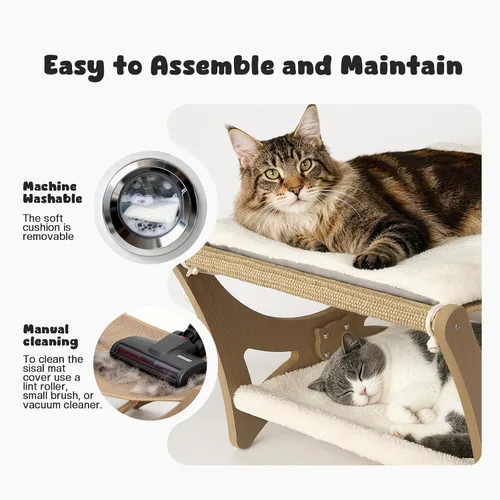 Miniatura 7 de Cama hamaca para gatos de doble capa, camas elevadas de madera para gatos con alfombrilla rascador de sisal natural, cama rascador para gatos