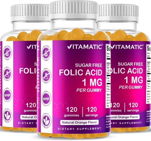 Vitamatic Gomitas de ácido fólico 1000 mcg (1 mg), vitaminas prenatales esenciales para mamá y bebé, gomitas veganas de vitamina B9-120 (3)